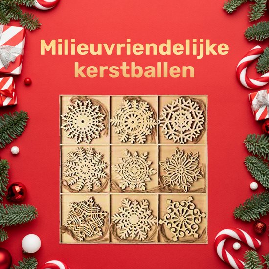 Giftmas Houten Kerstballen – Kerstversiering voor Binnen – Kerstbal van Hout – Kerst – 9 Vormen - ⌀7,5cm – 27 Stuks - Giftmas