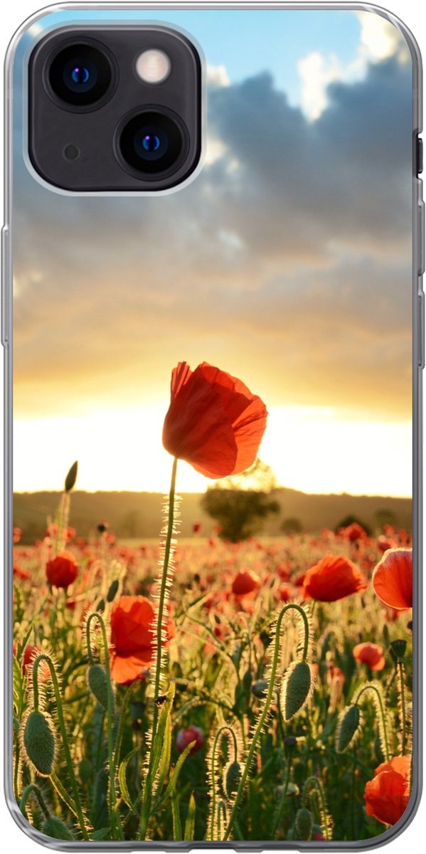 Telefoonhoesje Geschikt voor iPhone 13 mini hoesje - Kleurrijke lucht boven vele Klaprozen - Siliconen Telefoonhoesje Telefoonhoesje