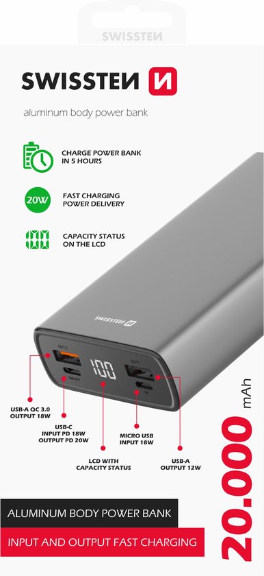 SWISSTEN Al powerbank 20 000 mAh, PD & QC