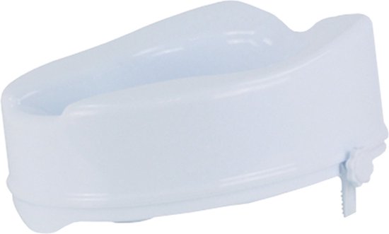 Witte toiletverhoger van 15 cm met een ergonomisch ontwerp en een verstelbare klem aan de zijkant.