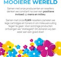Informatie over FLWR's milieu-inspanningen voor een mooiere wereld met kleurrijke bloemen onderaan.