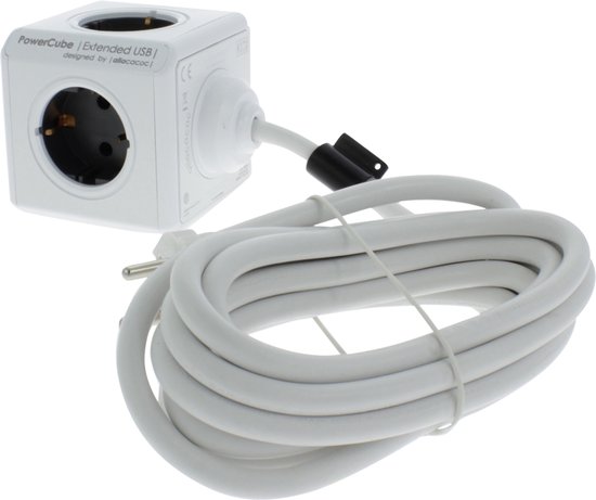PowerCube Extended Duo USB Stekkerdoos - NL/DE (Type F) - Geschikt voor 4 stekkers en 2 USB-Poorten - Kabel 3 mtr. - Wit/Grijs