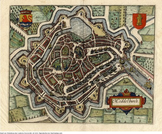 Mooie historische plattegrond, kaart van de stad Middelburg, door L. Guicciardini in 1612