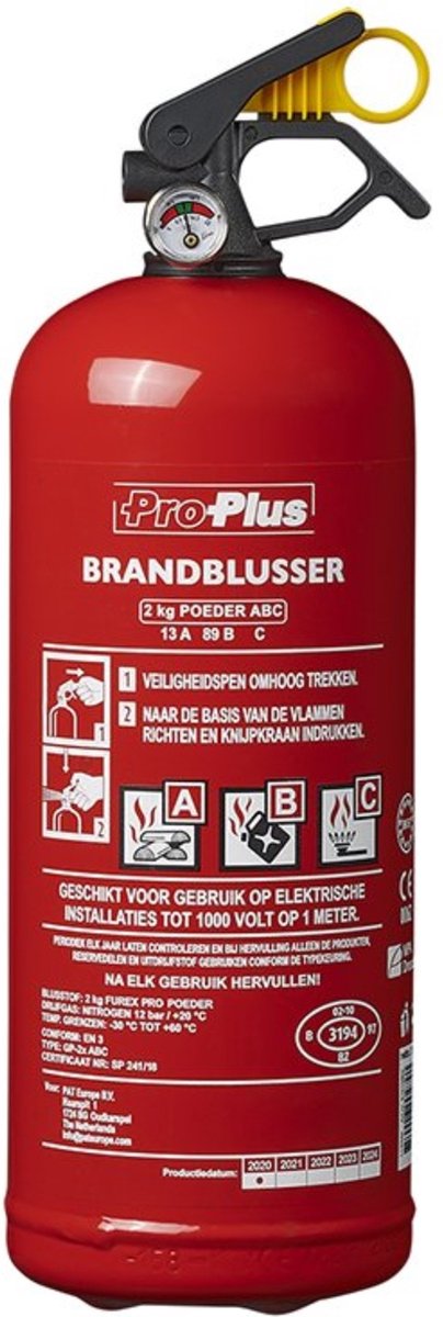 ProPlus Brandblusser met manometer - poeder - brandklasse ABC - 2 kg - vorstbestendig - geschikt voor voertuigen en boten