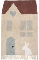 Stijlvol tapijt kleed kinderkamer - rustig klein zacht speelkleed pastel - huis deur raampjes hartje konijn franjes - 100x150 cm - kerst cadeau tip