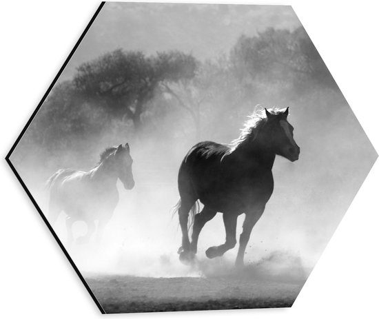 WallClassics - Dibond Hexagon - Galoperende Paarden bij het Bos (Zwart-wit) - 30x26.1 cm Foto op Hexagon (Met Ophangsysteem)