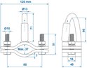 Technische tekening van een zilverkleurige trekhaakklem met afmetingen in mm.
