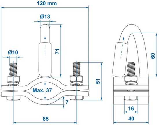 Technische tekening van een zilverkleurige trekhaakklem met afmetingen in mm.