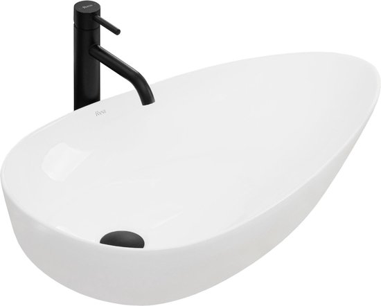 Witte, ovale wastafel met zwarte kraan, glanzende afwerking.