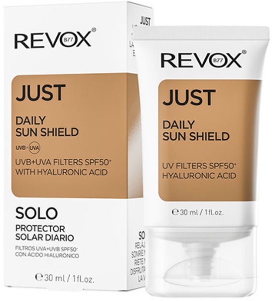 Revox Just Daily Sun Shield crème en doosje, met UV-filters SPF50+.