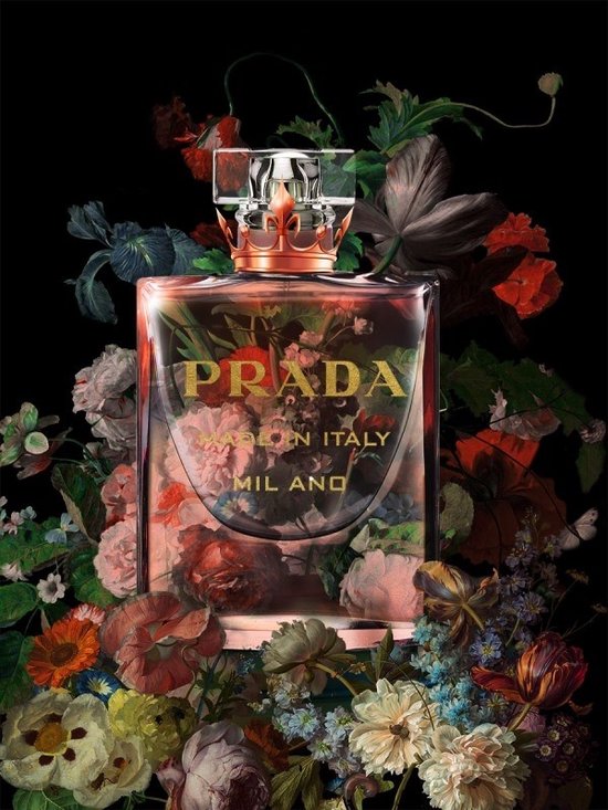 Glasschilderij met goudfolie 60x80cm Prada Flower Perfume