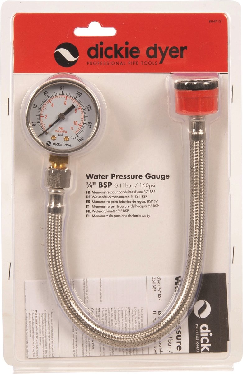 Silverline Waterdrukmeter met roestvrijstalen slang 0 - 11 bar