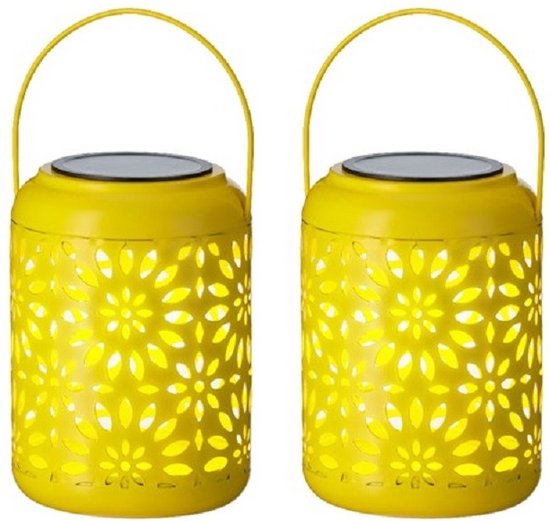 2x stuks solar lantaarn ijzer geel met hengsel 17 cm - Tuinlantaarns - Solarverlichting - Tuinverlichting