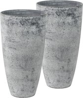 Set van 2x stuks hoge bloempotten/plantenpotten vaas gerecycled kunststof/steenpoeder betongrijs dia 29 cm en hoogte 50 cm - Binnen en buiten