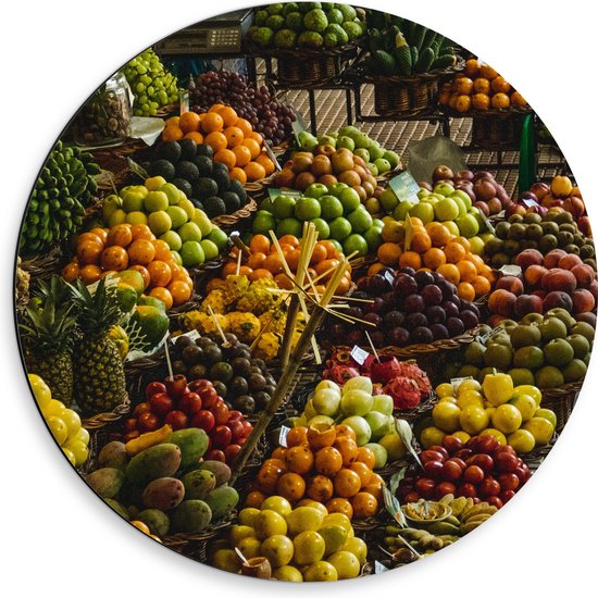 Dibond Muurcirkel - Kleurrijk Fruit Kraampje - 50x50 cm Foto op Aluminium Muurcirkel (met ophangsysteem)