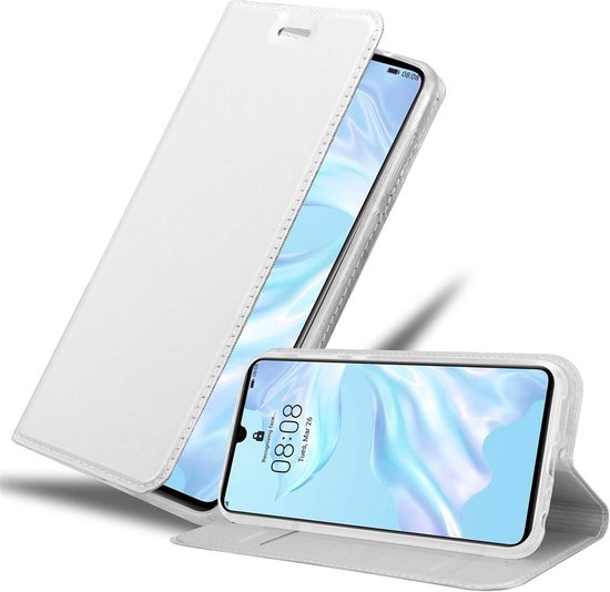 Étui de téléphone blanc à rabat, aspect cuir, avec un téléphone à l'intérieur.