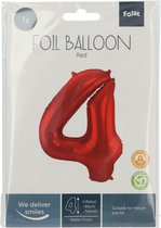 Folat - Folieballon Cijfer 4 Rood Metallic Mat - 86 cm