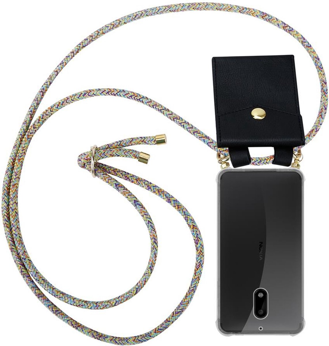 Cadorabo Mobiele telefoon ketting voor Nokia 6 2017 in REGENBOOG - Silicone beschermhoes met gouden ringen, koordriem en afneembare etui