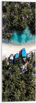 WallClassics - Acrylglas - Bovenaanzicht van Blauwe Bootjes tussen Palmbomen op Wit Strand - 30x90 cm Foto op Acrylglas (Met Ophangsysteem)