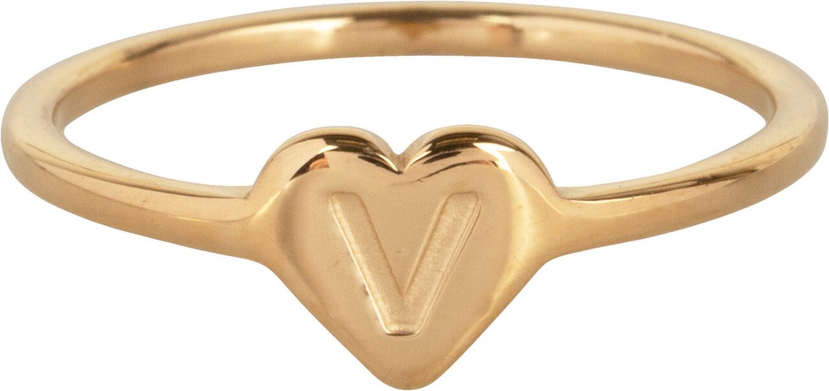 CHARMIN’S - INITIALEN - ZEGELRING - HARTJE - GOLDPLATED - LETTER V - MAAT 19 - STAINLESS STEEL - WATERPROOF