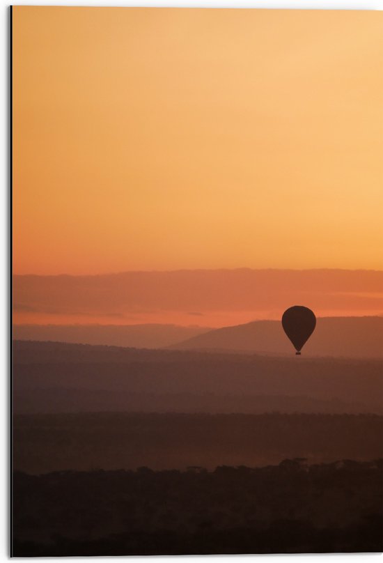 Dibond - Luchtballon in de Lucht tijdens Zonsopkomst - 50x75 cm Foto op Aluminium (Met Ophangsysteem)