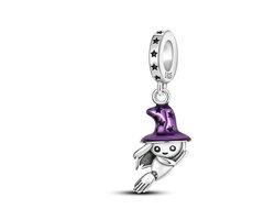 Fler® | Bedel | Past op populaire bedel armbanden (standaard - 3mm) | armbandbedel | Vliegende Heks | Heksen | Vliegen | Bezemsteel | Halloween | Hang bedel Charm | 925 Sterling Zilver | Emaille | Paars | Zwart |