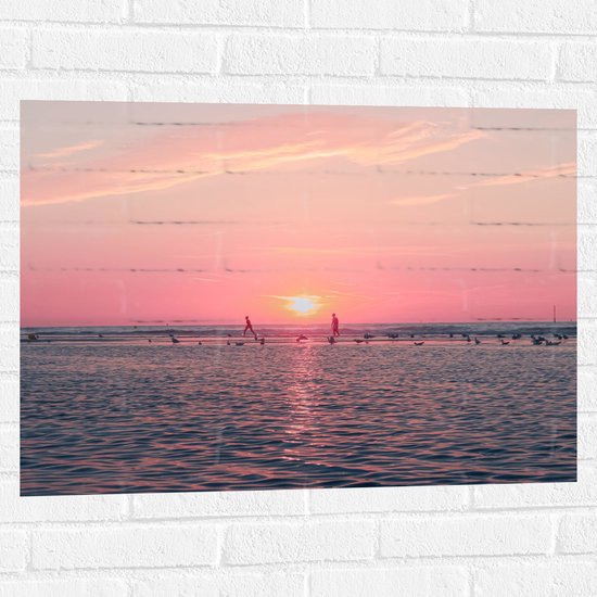 Muursticker - Roze Zonsondergang aan Zee met Meeuwen - 80x60 cm Foto op Muursticker