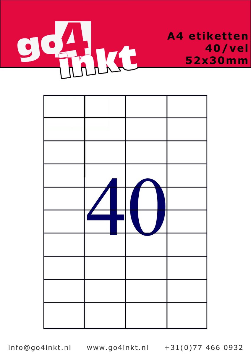 Go4inkt Etiketten A4 40/vel 52,5mm x 29,7mm (100 vel) stickervellen wit