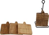Onderzetters - hout - 6 stuks - op houder - metaal- 11x11x22cm