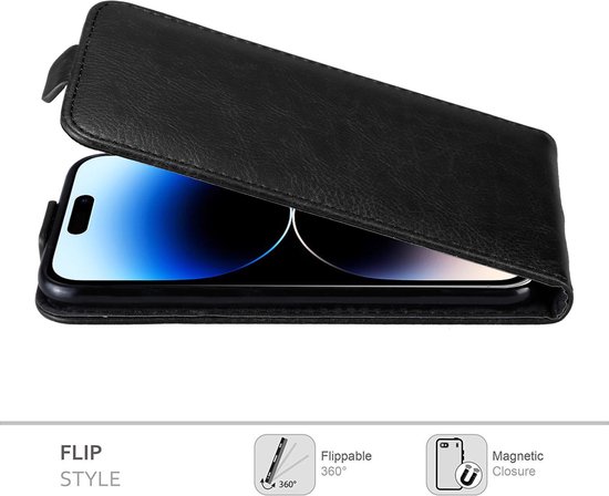 Zwarte flipcase met de tekst "FLIP STYLE", "Flippable 360°" en "Magnetic Closure".