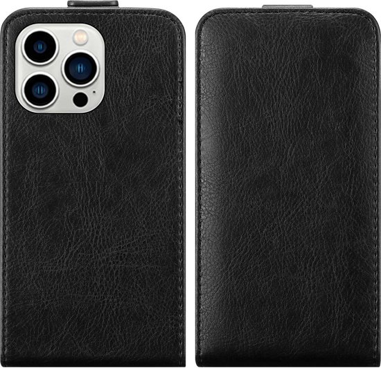 Zwarte flipcase, voor- en achterkant te zien.