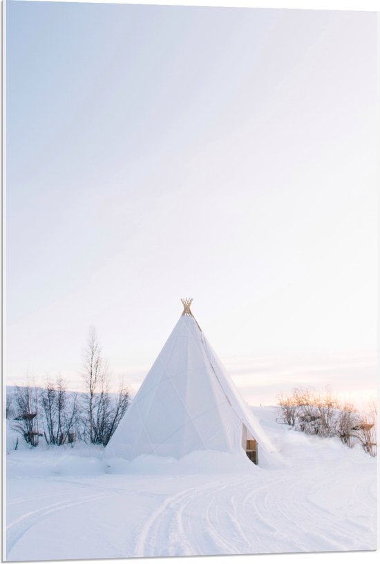 Acrylglas - Tent in de Sneeuw - 60x90 cm Foto op Acrylglas (Met Ophangsysteem)