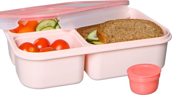 Lock&Lock Lunchbox - Bento Box - Broodtrommel - Salade lunchbox - Met 3 Compartimenten - Met Dressing/Saus Bakje - Volwassenen en Kinderen - To Go - Lekvrij - BPA vrij - 1,5 liter - Roze
