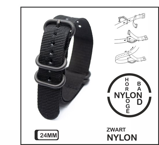 Bracelet Nato Premium 24 mm Zwart - Vintage James Bond - Collection Nato Strap - Homme - Femme - Bracelet de montre - Bande passante 24 mm pour, entre autres. Seiko Rolex Omega Casio et Citizen