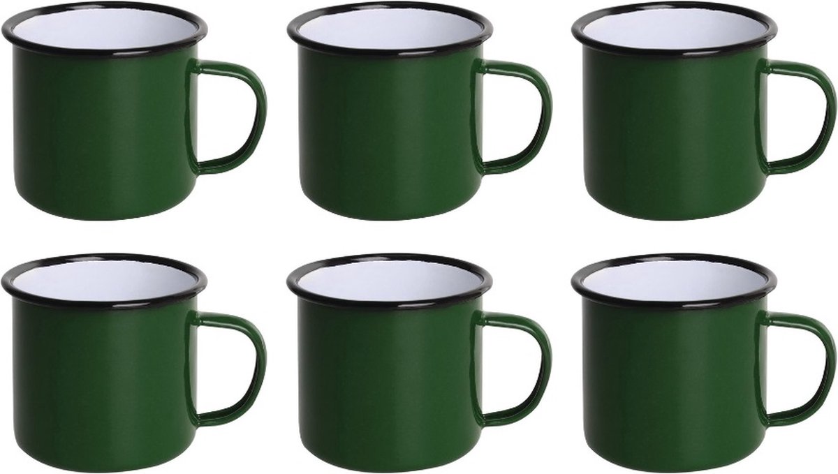 Olympia Emaille Mok 35cl - Emaille Beker Groen / Zwart - Emaille Servies ( Set van 6 ) - Olympia