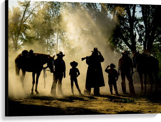 Canvas - Familie Cowboys met Paarden in het Bos - 100x75 cm Foto op Canvas Schilderij (Wanddecoratie op Canvas)