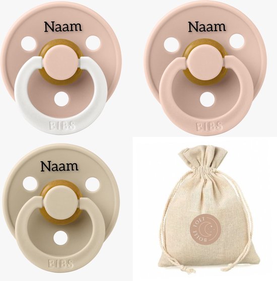 BIBS fopspenen met naam T1 Blush, vanilla en glow in the dark blush