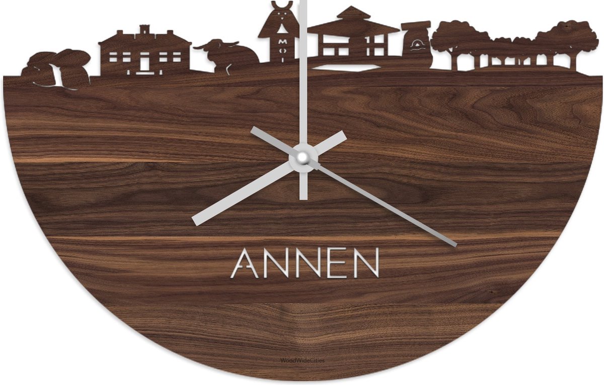 Skyline Klok Annen Notenhout - Ø 40 cm - Stil uurwerk - Wanddecoratie - Meer steden beschikbaar - Woonkamer idee - Woondecoratie - City Art - Steden kunst - Cadeau voor hem - Cadeau voor haar - Jubileum - Trouwerij - Housewarming - WoodWideCities