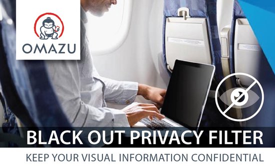 Zwarte privacyfilter voor laptop, ideaal voor gebruik in het vliegtuig. Houdt uw visuele informatie vertrouwelijk.