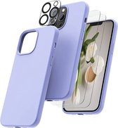 Hoesje Geschikt voor iPhone 14 Pro – Liquid siliconen backcover met 2x glazen screenprotector en camera lens protector – Lila