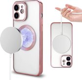 Hoesje Geschikt voor iPhone 12 Pro – Met Magnetisch Ring Magesafe compatibel backcover – Lens beschermer – Transparant / Rosegoud
