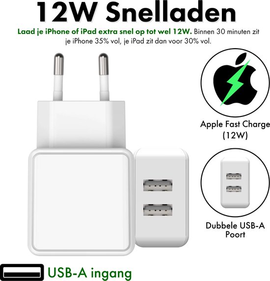 Phreeze PHR-AC54 Prise USB 12W avec 2 Portes + Câble Lightning USB - 1 Mètre - Câble Chargeur iPhone - Adaptateur pour Apple iPhone, Apple iPad, Apple Watch, Apple Airpods