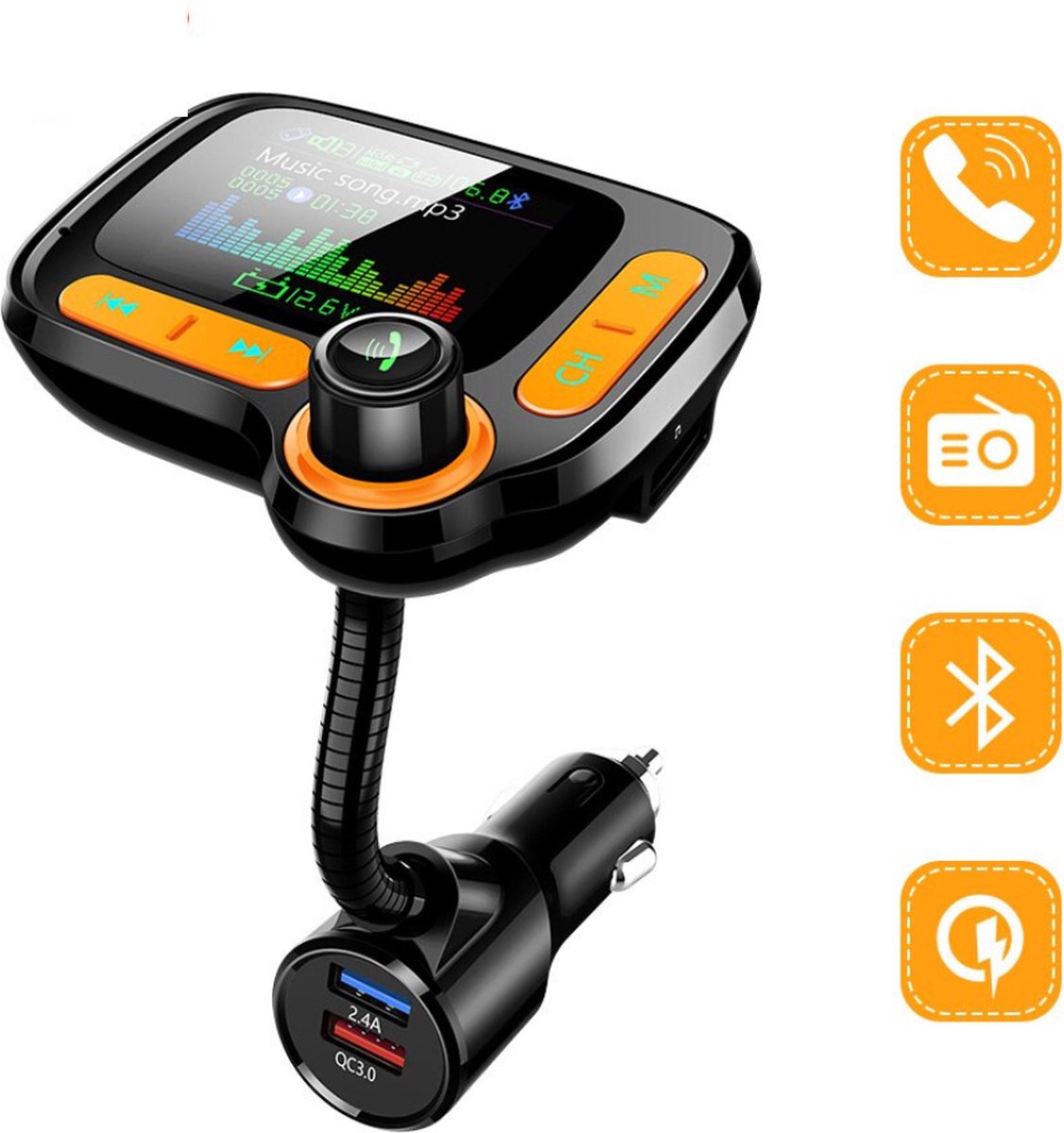 Currero FM Transmitter - Bluetooth Receiver - Receiver voor in de Auto - Handsfree bellen & muziek afspelen - Carkit & Autolader met USB