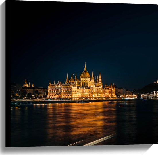 WallClassics - Canvas - Parlementgebouw aan het Water - Hongarije - 60x60 cm Foto op Canvas Schilderij (Wanddecoratie op Canvas)