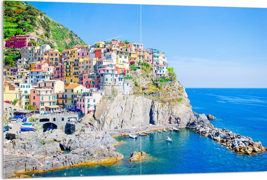 Acrylglas - Kleurrijke Huisjes in Nationaal Park Cinque Terre bij de Italiaanse Kust - 120x80 cm Foto op Acrylglas (Wanddecoratie op Acrylaat)