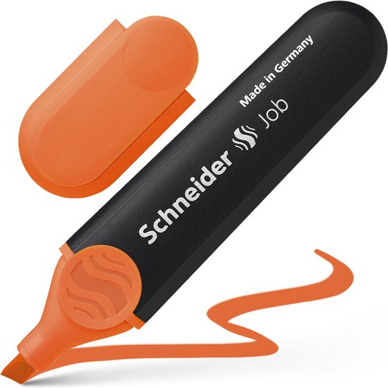 Oranje Schneider Job markeerstift met dop opzij, zwarte behuizing met tekst 'Schneider Job' en 'Made in Germany'.