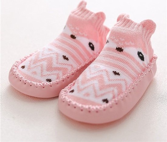 Antislip Baby schoentjes - Sokschoenen - Babyschoenen - Baby Slofjes - 6 tot 12 Maanden - Voetlengte 11-12 cm - Roze/Wit