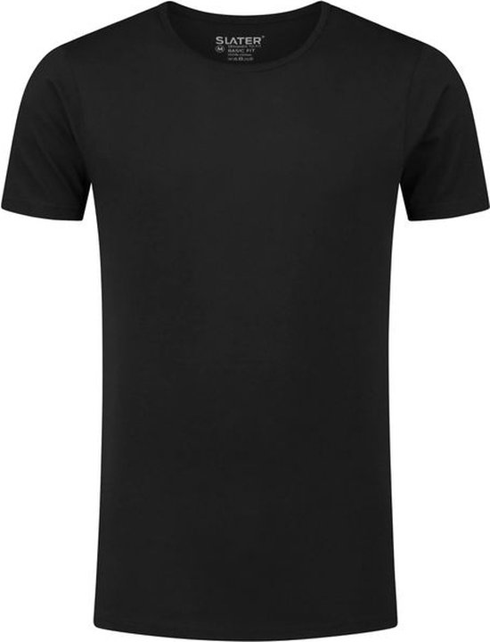 Zwart t-shirt met ronde hals en korte mouwen, label 'SLATER BASIC FIT'.