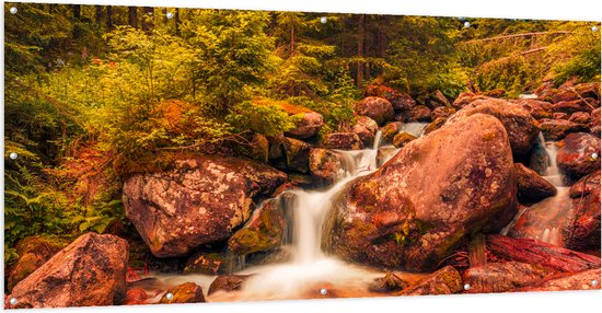 Tuinposter – Kleine Waterval door het Bos vol Bomen en Keien - 200x100 cm Foto op Tuinposter (wanddecoratie voor buiten en binnen)