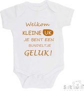 100% katoenen Romper "Welkom kleine uk, je bent een bundeltje geluk" Unisex Katoen Wit/tan Maat 56/62